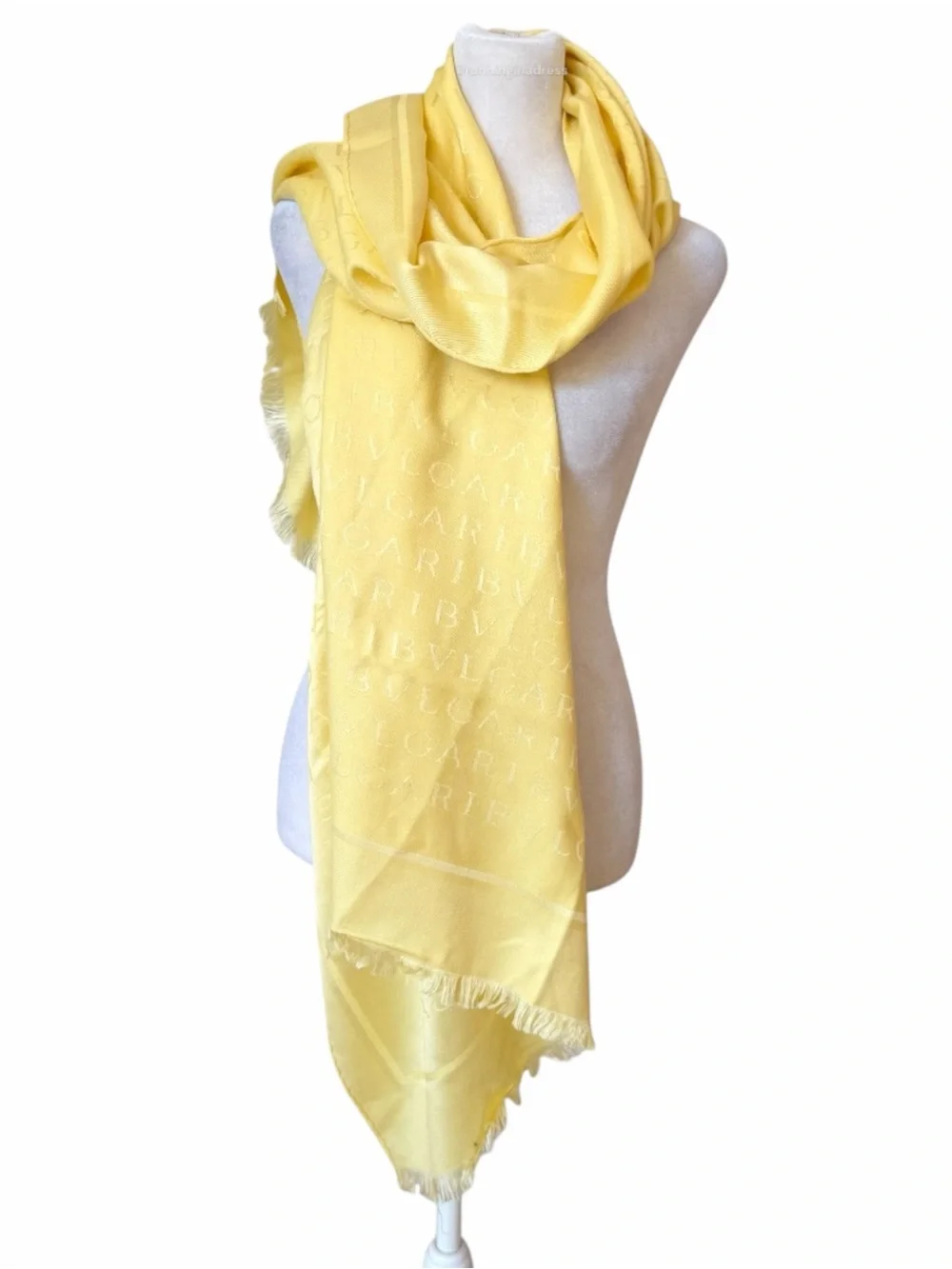 BVLGARI Logomania Silk Wool Maxi Stole Scarf Pale Yellow Buttercream Italy 71x28